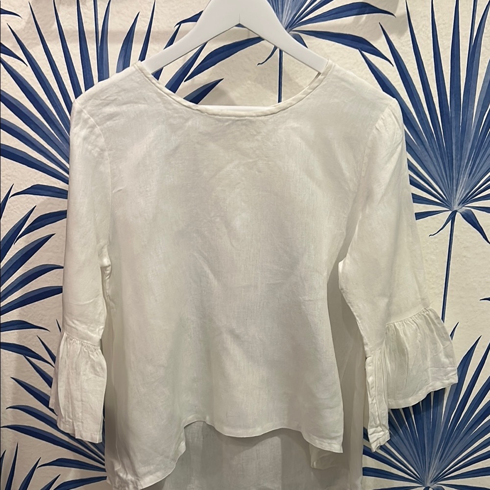 bryn Walker Fran White Linen Blouse with Ruffled Sleeves, Size XXS